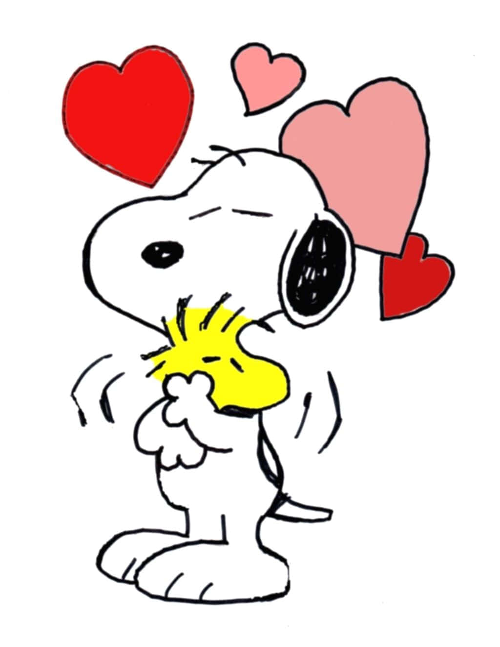 Snoopy Valentine Hugging Woodstock And Hearts Background