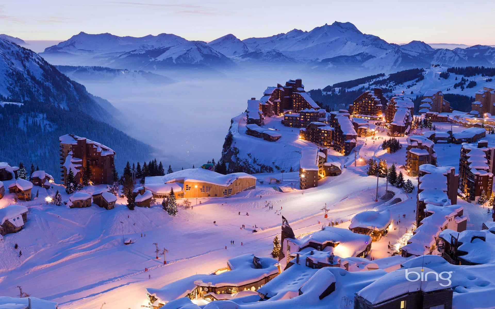 : Snow-capped Ski Mountain At Sunrise Background