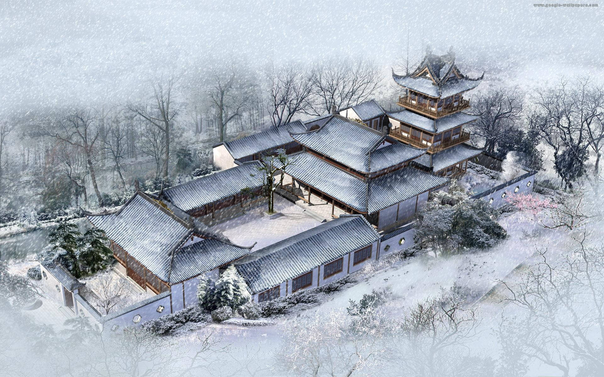 Snow-covered Chinese House Background