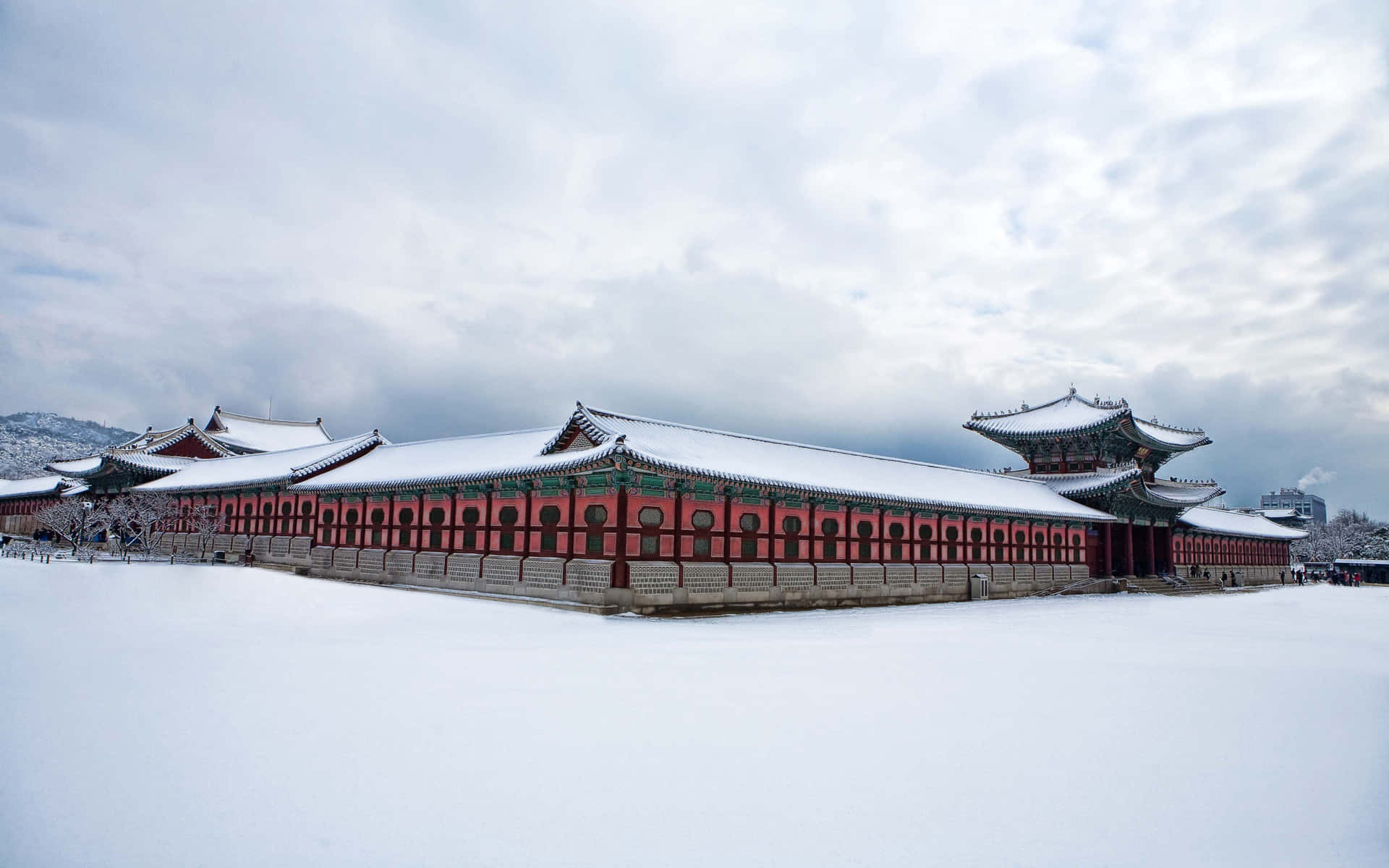Snow-covered Gyeongbokgung Palace At Winter Background