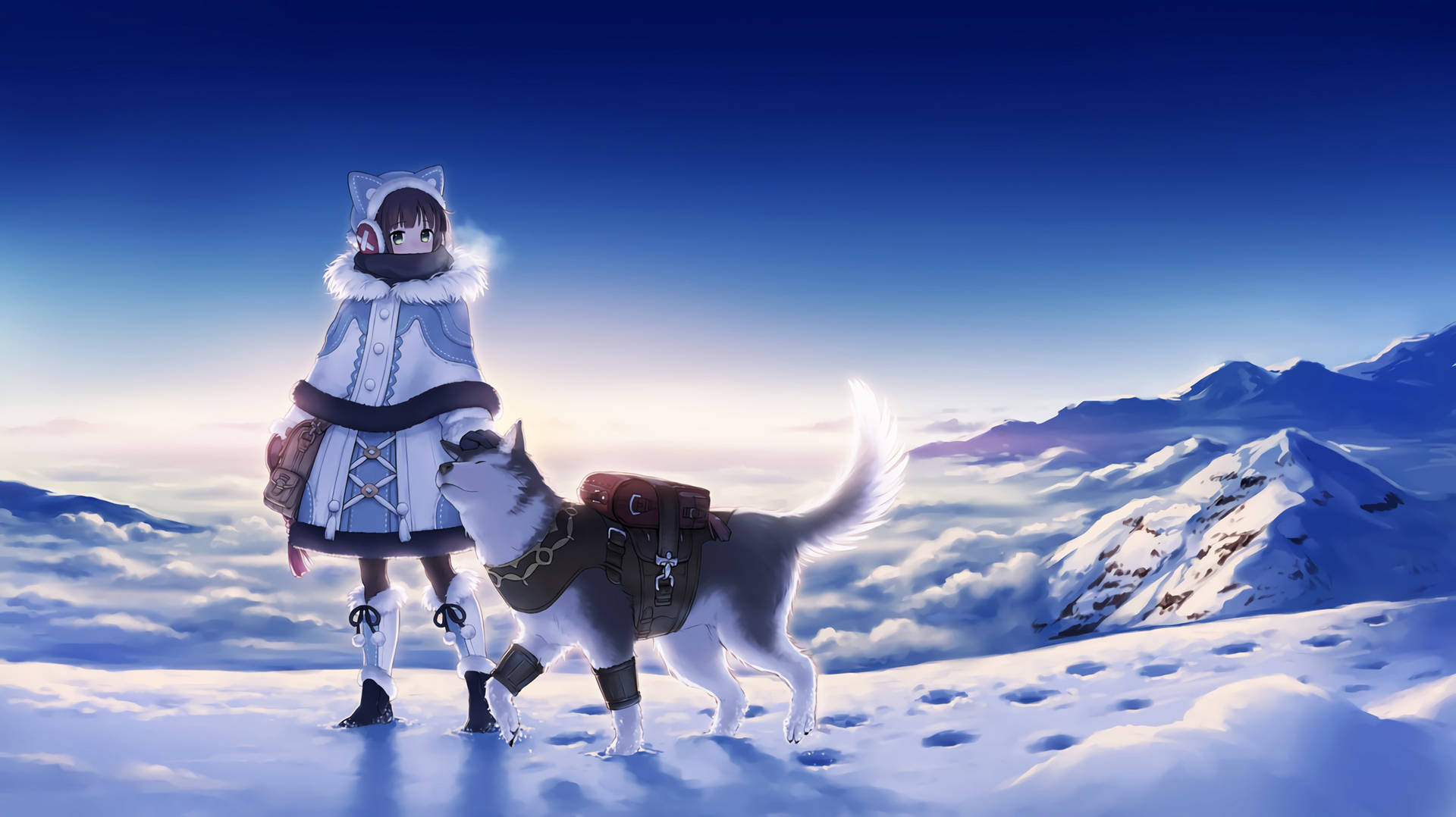 Snow Mountain Dog And Girl Background