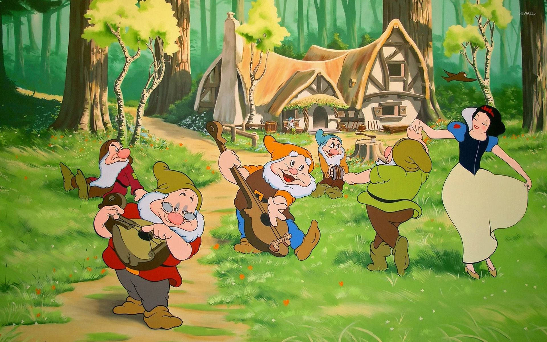 Snow White And The Seven Dwarfs Dancing Outside Background