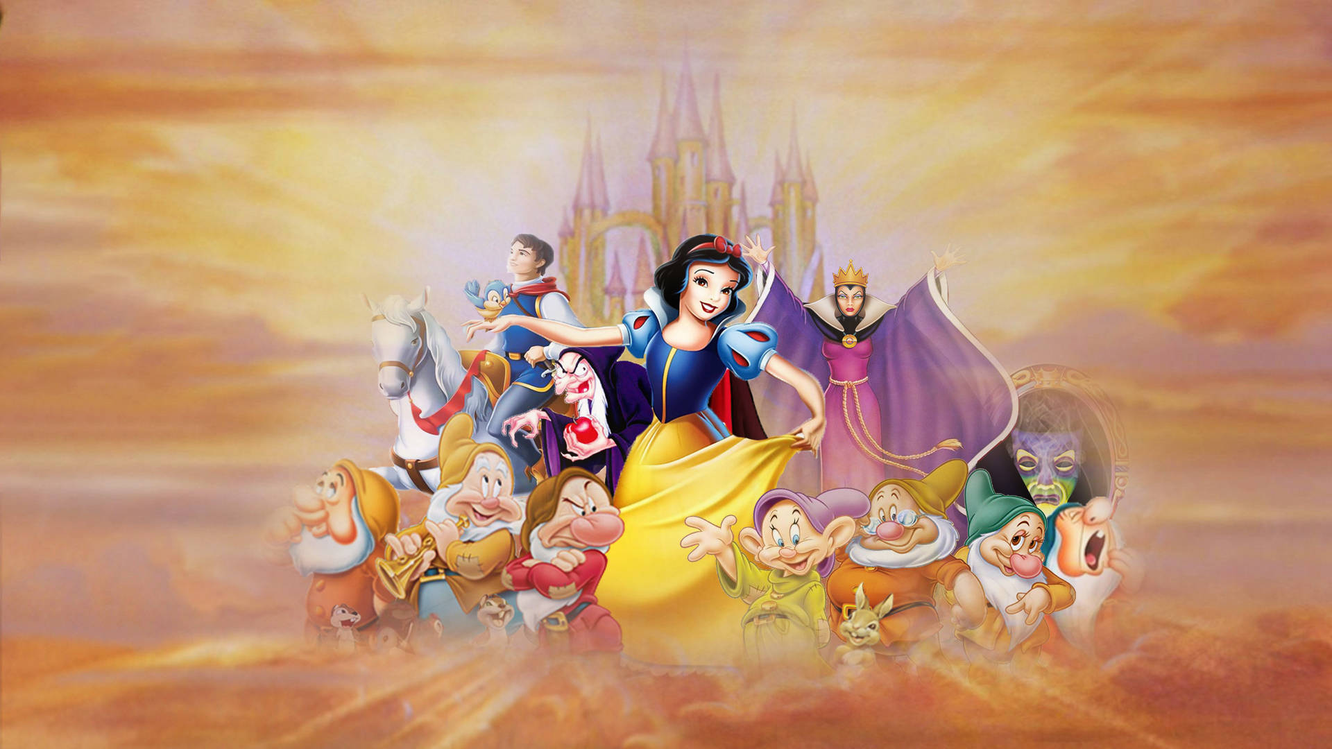 Snow White And The Seven Dwarfs In Clouds Background