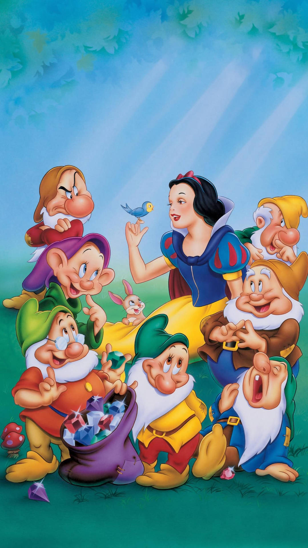 Snow White And The Seven Dwarfs In Field Background