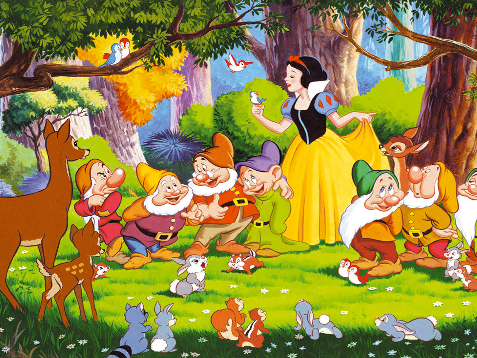 Snow White And The Seven Dwarfs In Forest Background