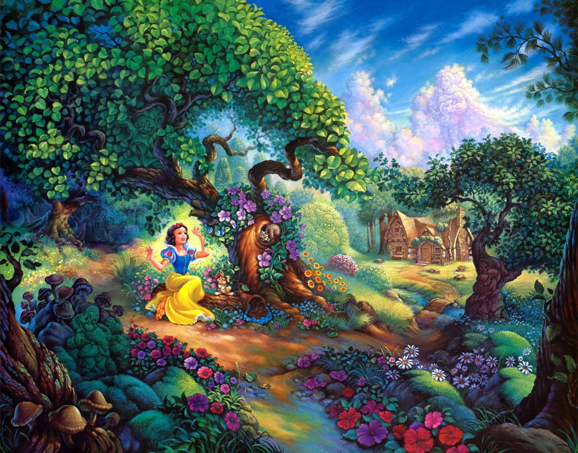 Snow White And The Seven Dwarfs In Garden Background