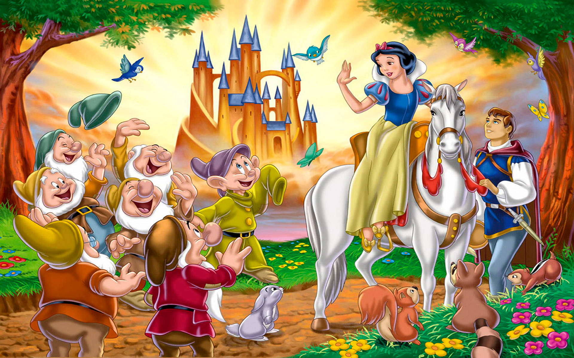 Snow White And The Seven Dwarfs On Horse Background