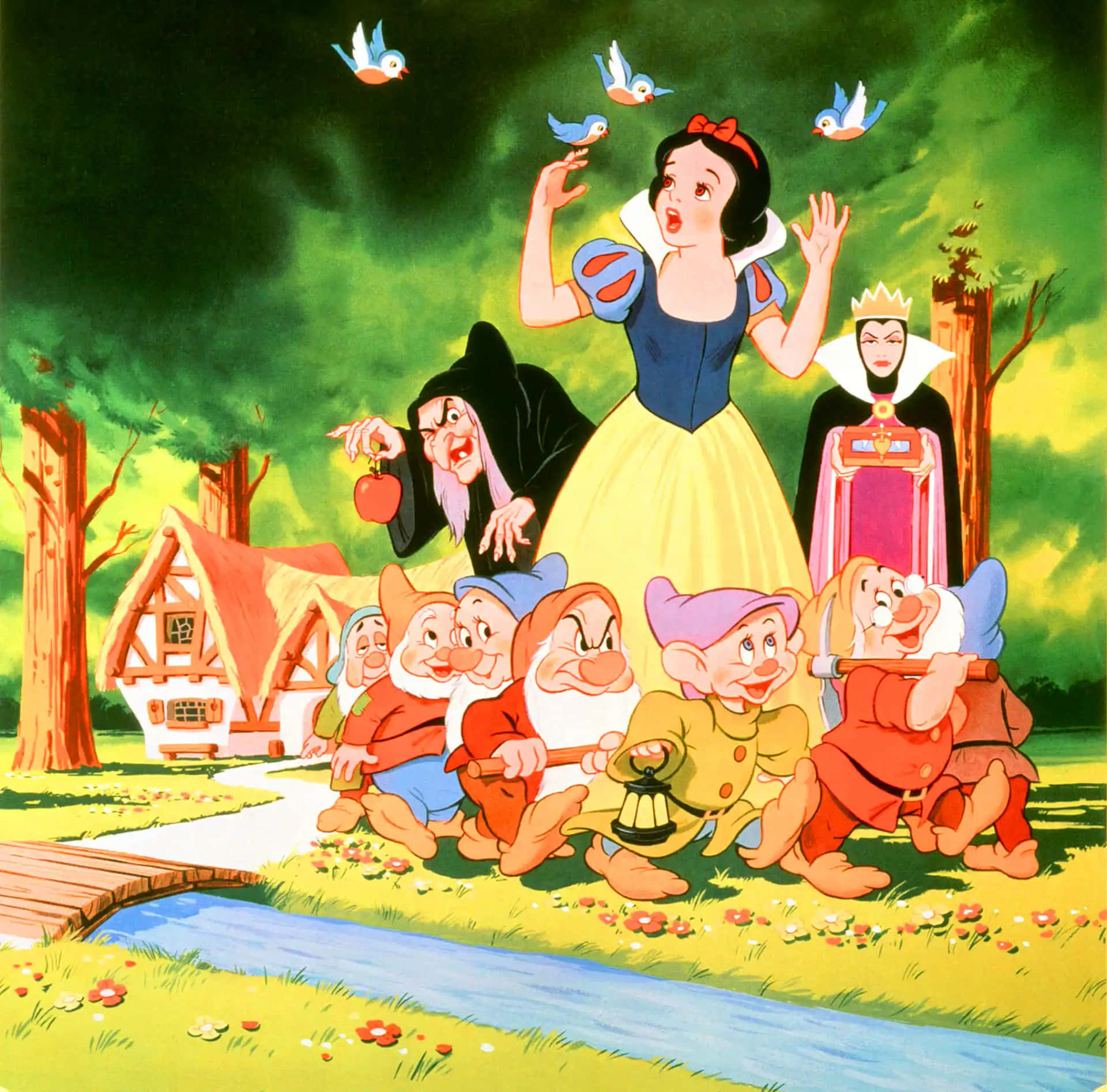 Snow White And The Seven Dwarfs With Evil Queen Background