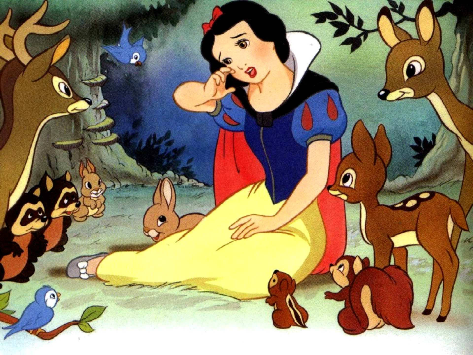 Snow White And The Seven Dwarfs With Forest Animals Background