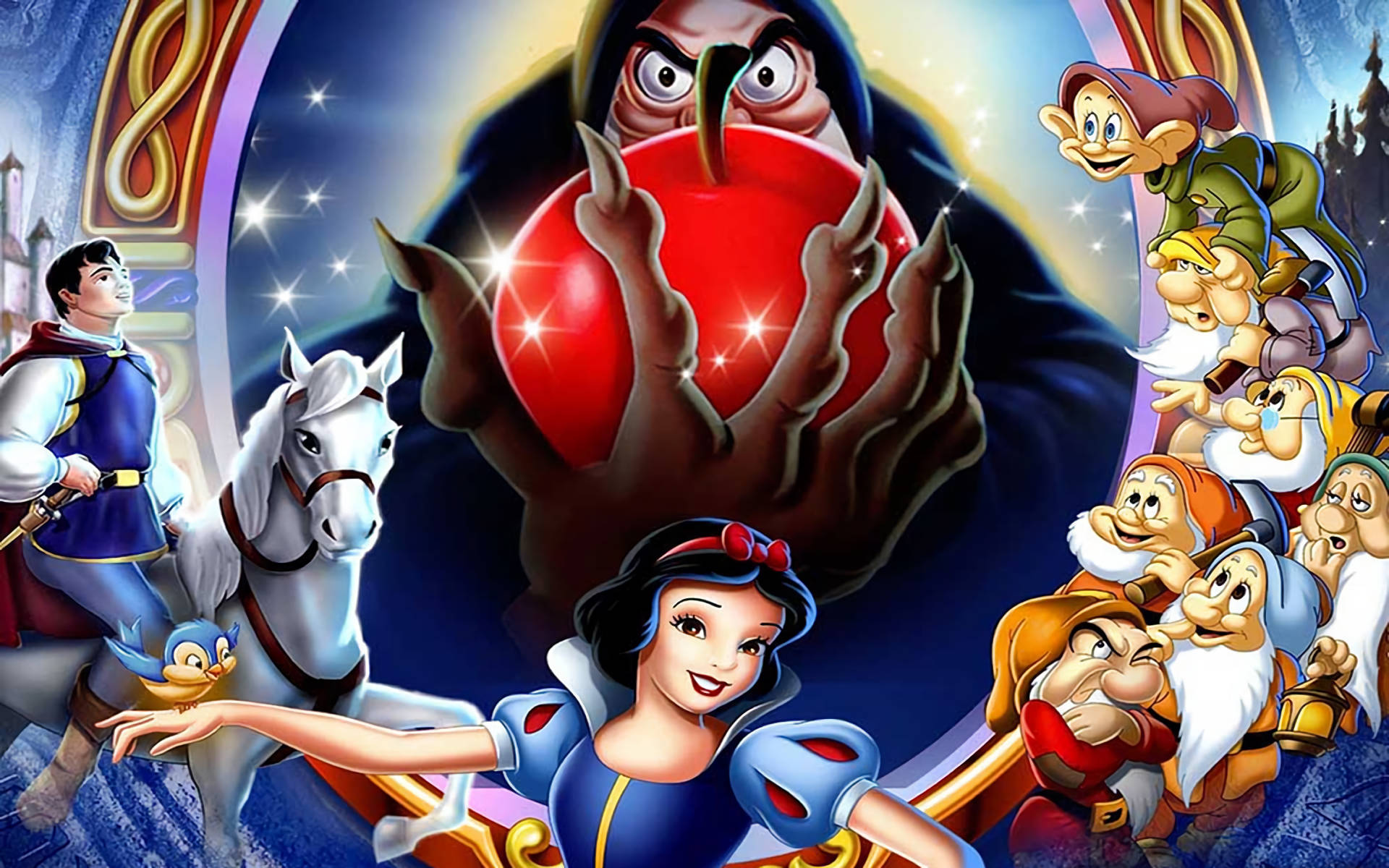 Snow White And The Seven Dwarfs With Mirror Background