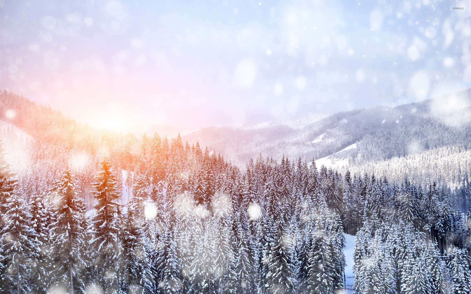 Snowfall And Sunset View Background