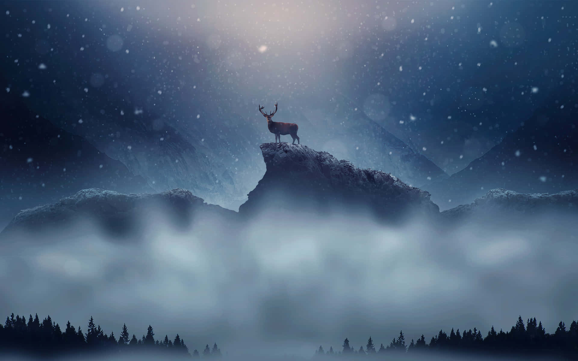 Snowfall Night Deer Mountain Background