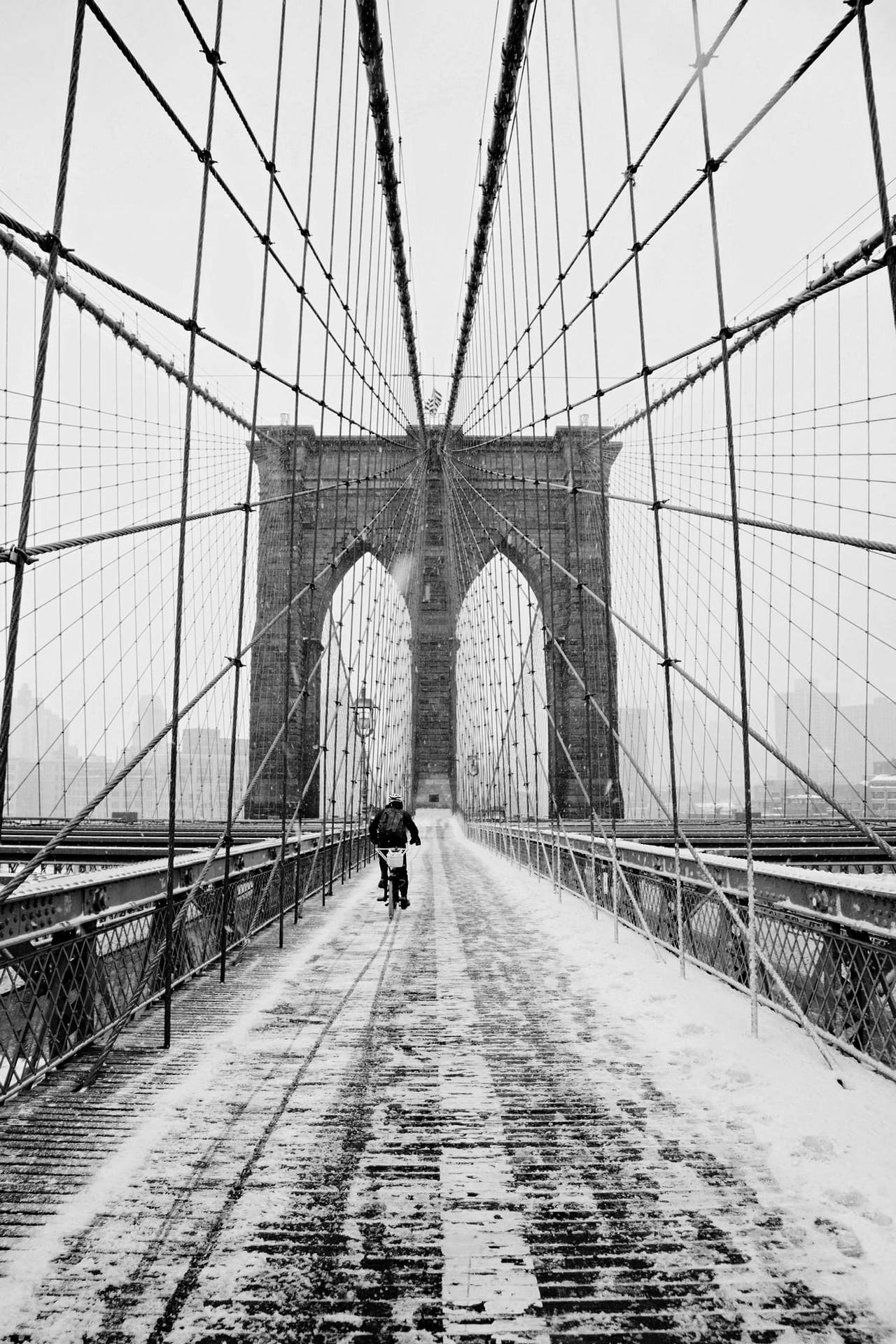 Snowy Brooklyn Bridge New York Black And White Background