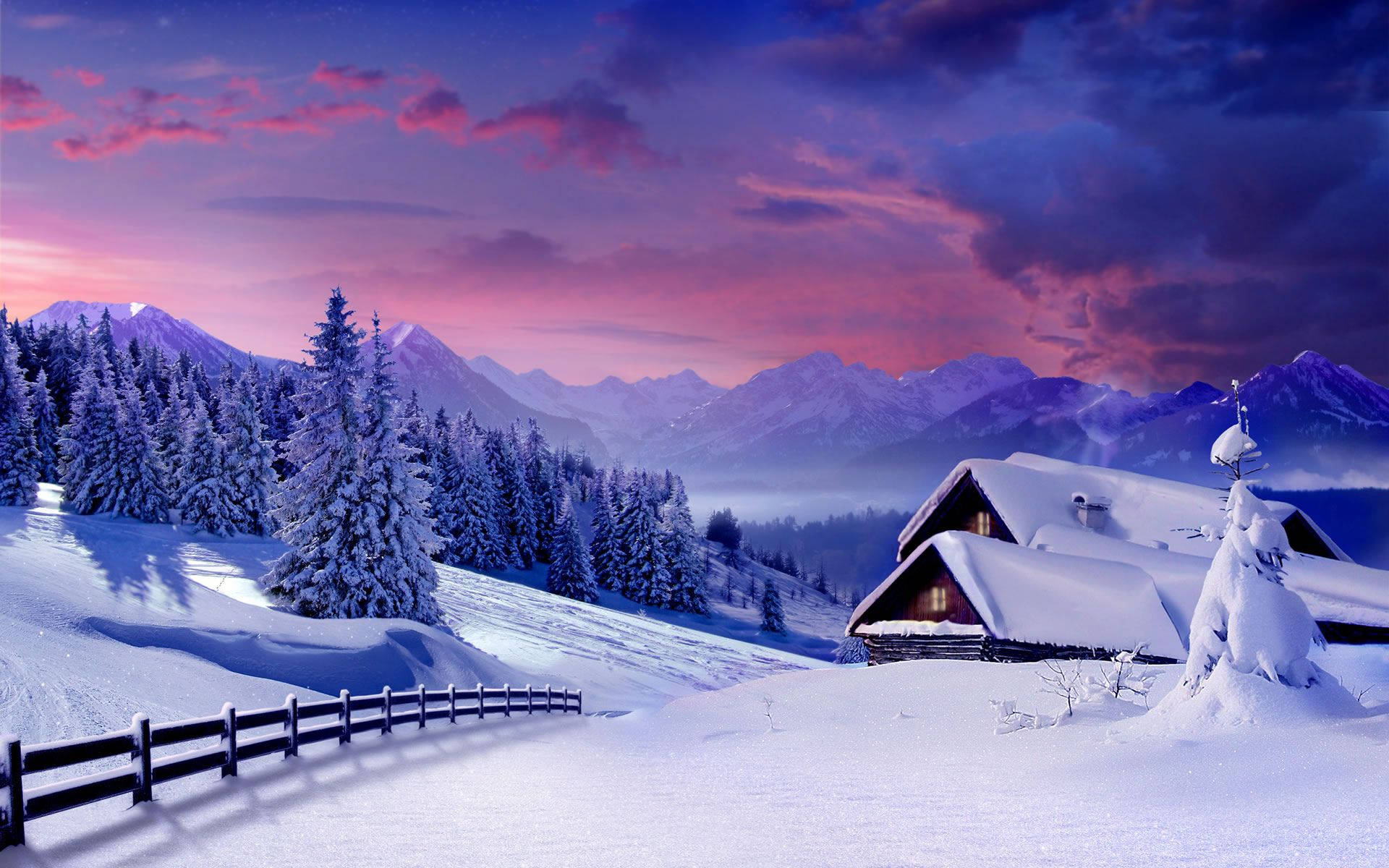 Snowy Cabin In Winter Background