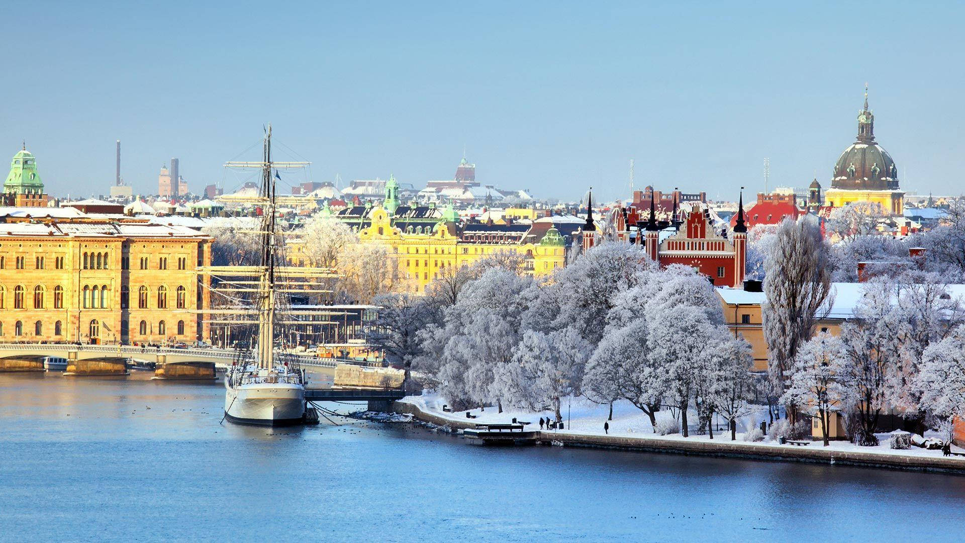 Snowy Day In Central Stockholm Background