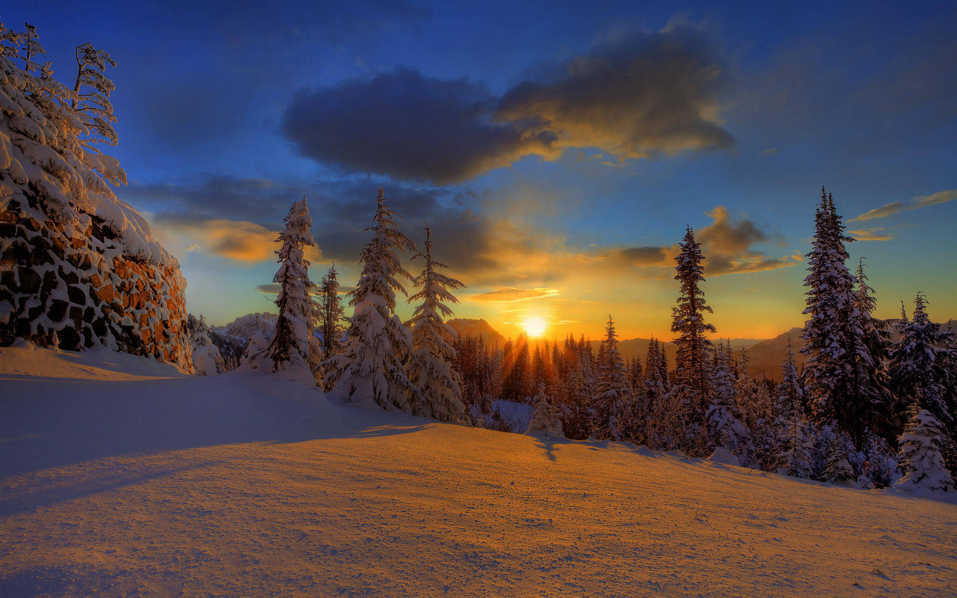 Snowy Forest Sunset Desktop