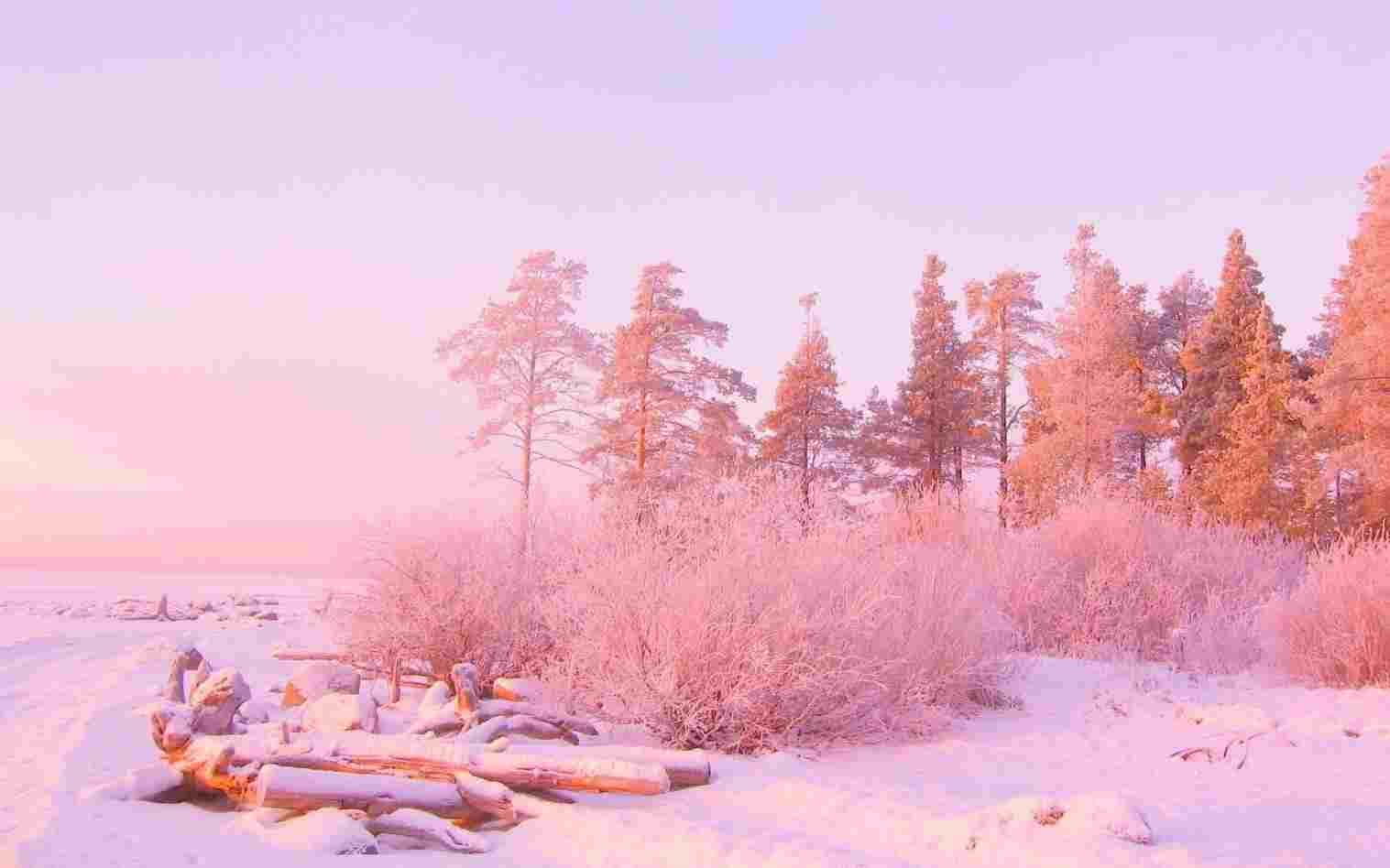 Snowy Landscape Pastel Pink Aesthetic Computer Background