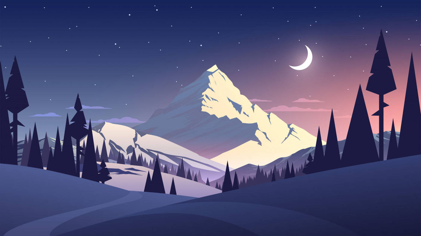 Snowy Mountain With Crescent Moon Illustration Art