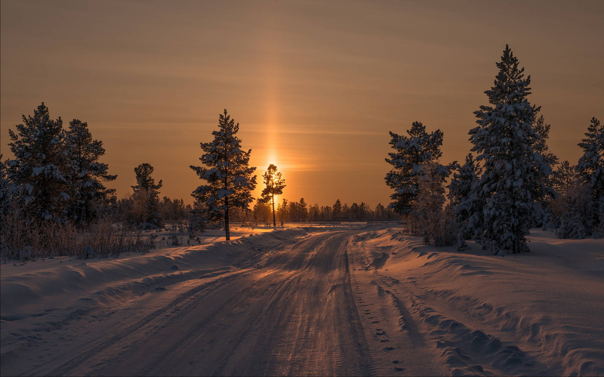 Snowy Road Sunset Desktop Background