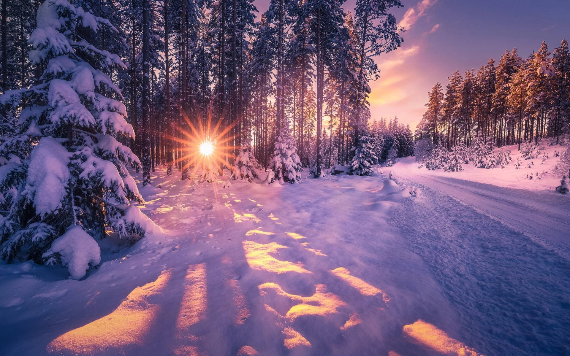 Snowy Sunset Landscapes Background