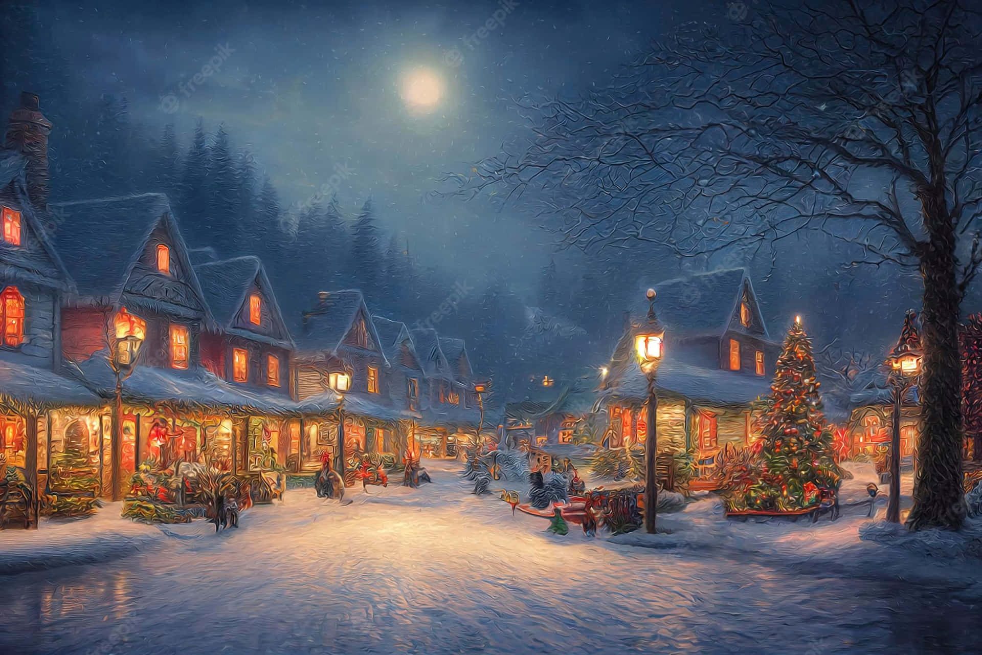 Snowy Village In Holiday Season Background