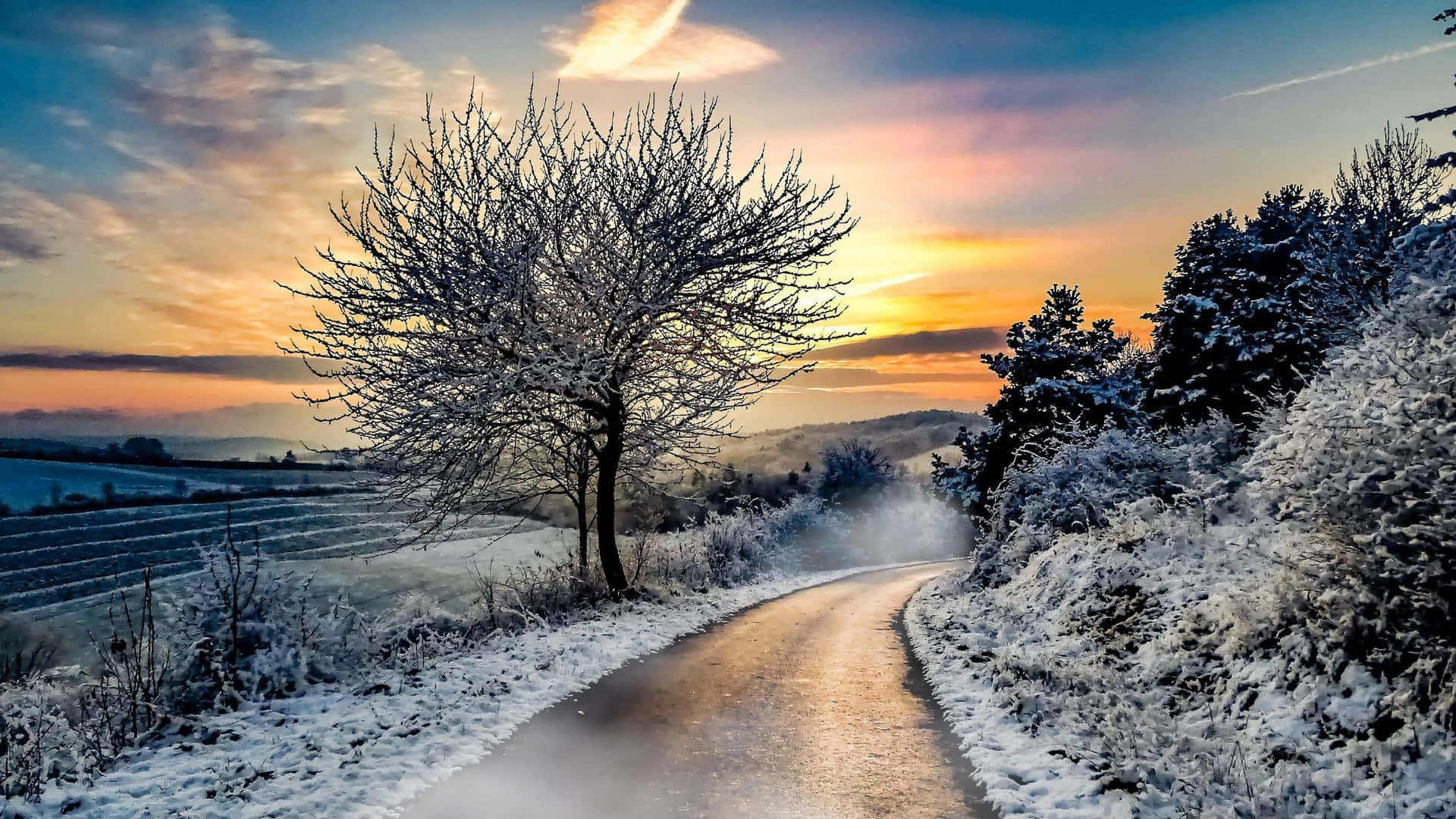 Snowy Winter Road For Laptop Background