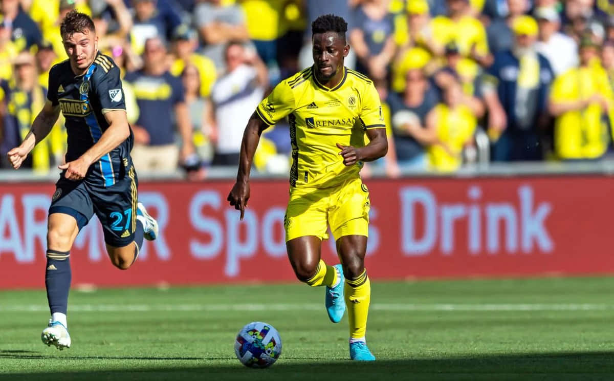 Soccer Action Yellow Blue Uniforms Background