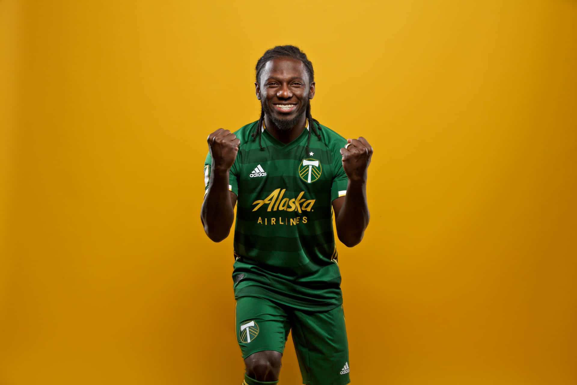 Soccer Player Celebration Yellow Background Background