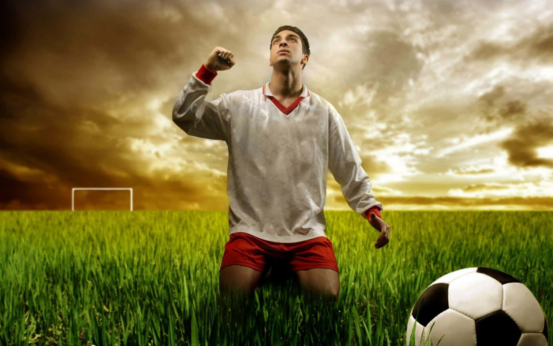 Soccer Player Kicking A Soccer Ball In The Grass