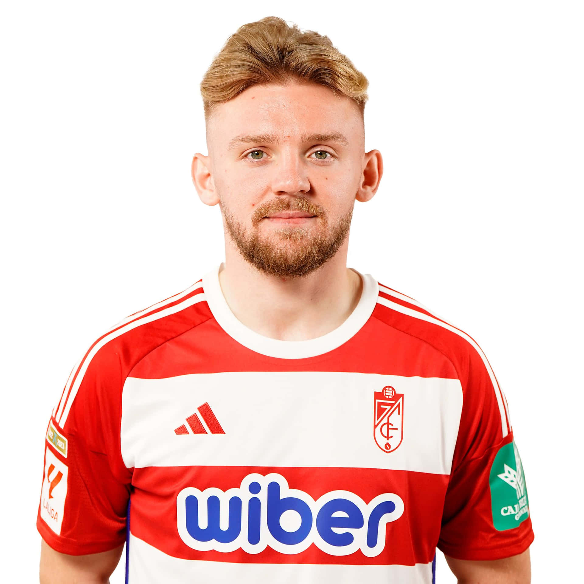 Soccer_ Player_ Portrait_ Red_ White_ Uniform Background