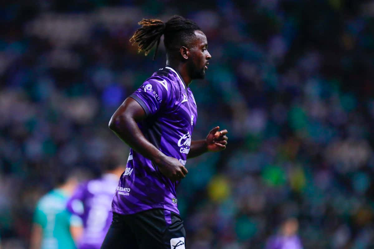 Soccer Playerin Purple Jersey Action Shot Background