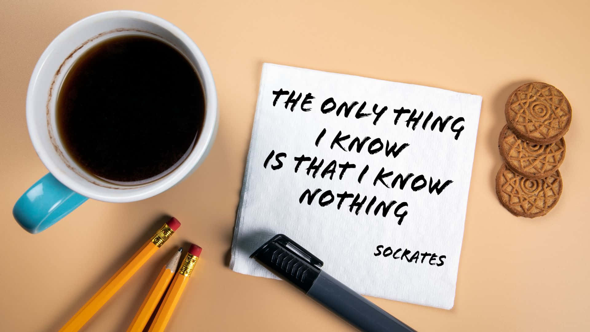 Socratic Wisdom_ Quote_ Coffee_ Biscuits_ Pencils