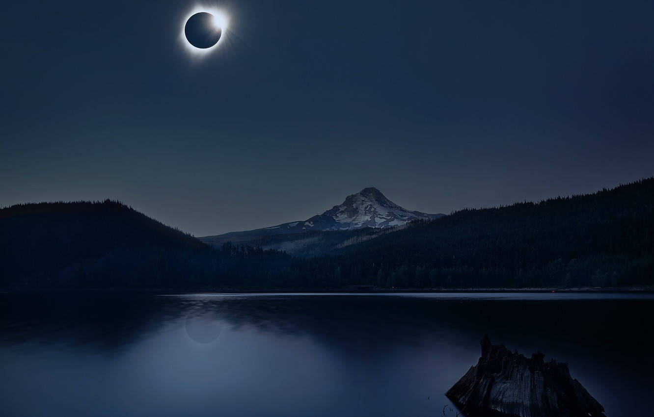 Solar Eclipse On Lakeside Background