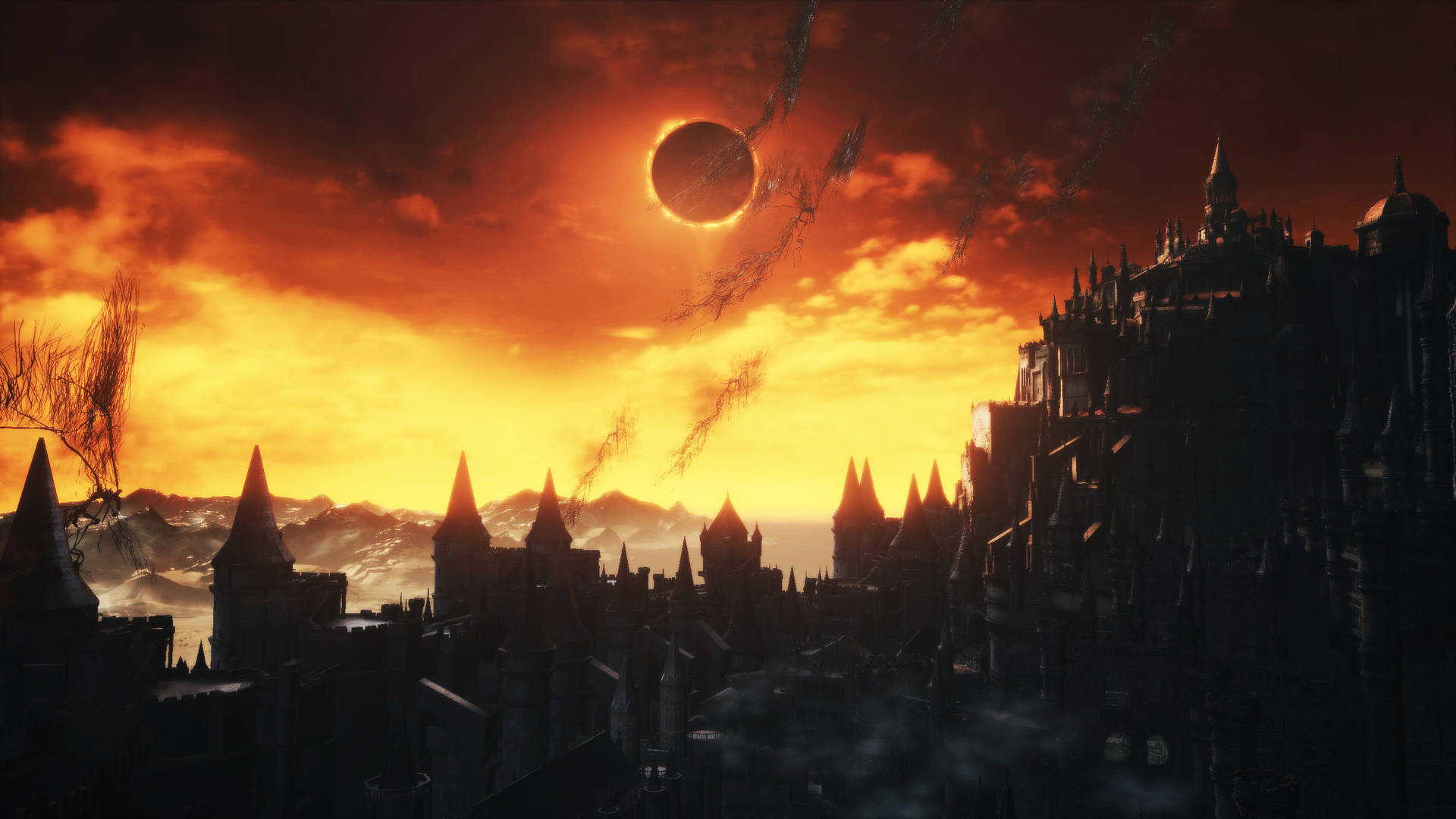 Solar Eclipse Over Fantasy Town Background