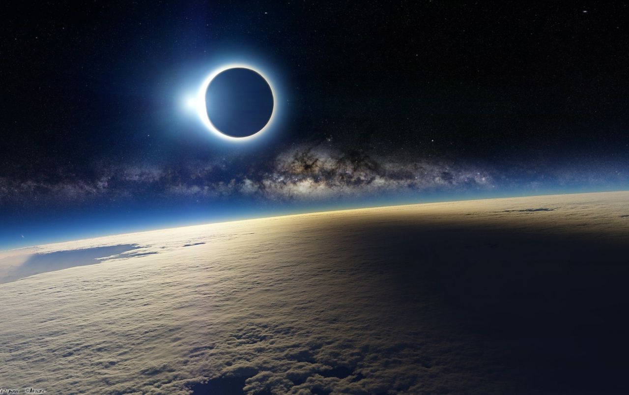 Solar Eclipse Over The Milky Way Background