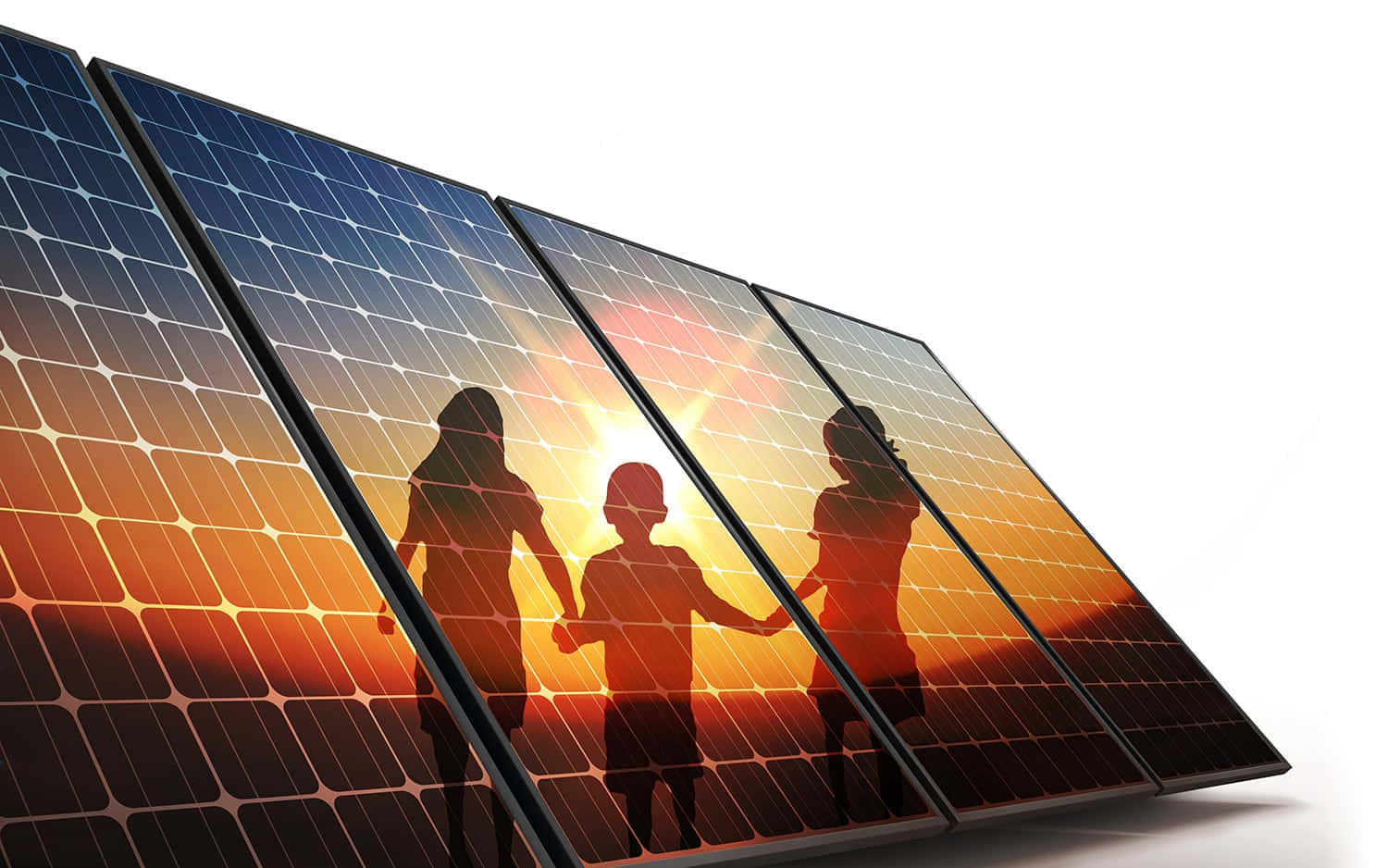 Solar Panel With Kids Silhouette During Sunset Background