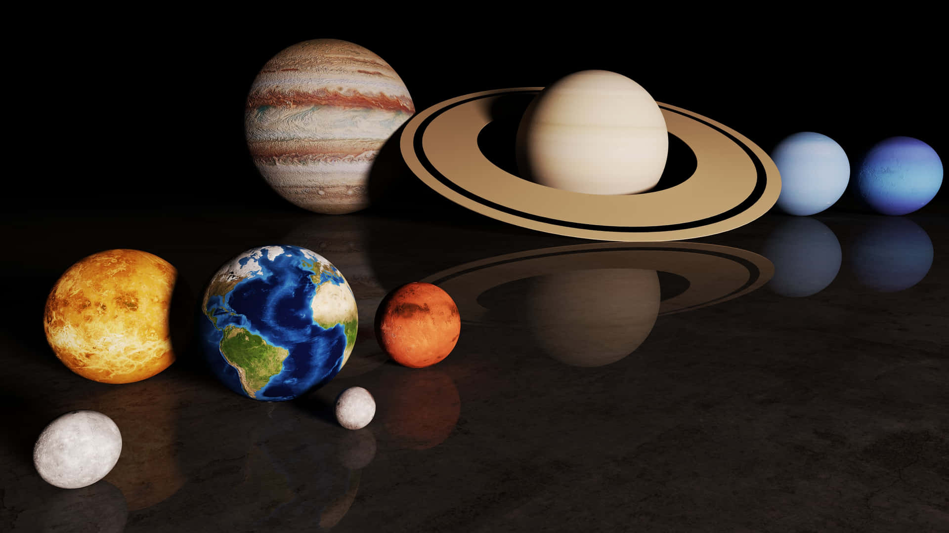 Solar System On Glossy Table Background