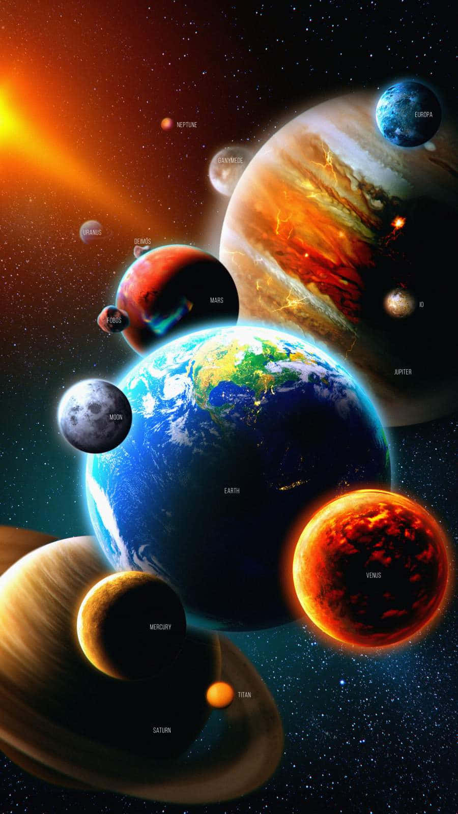 Solar System Planets Respective Moons Background