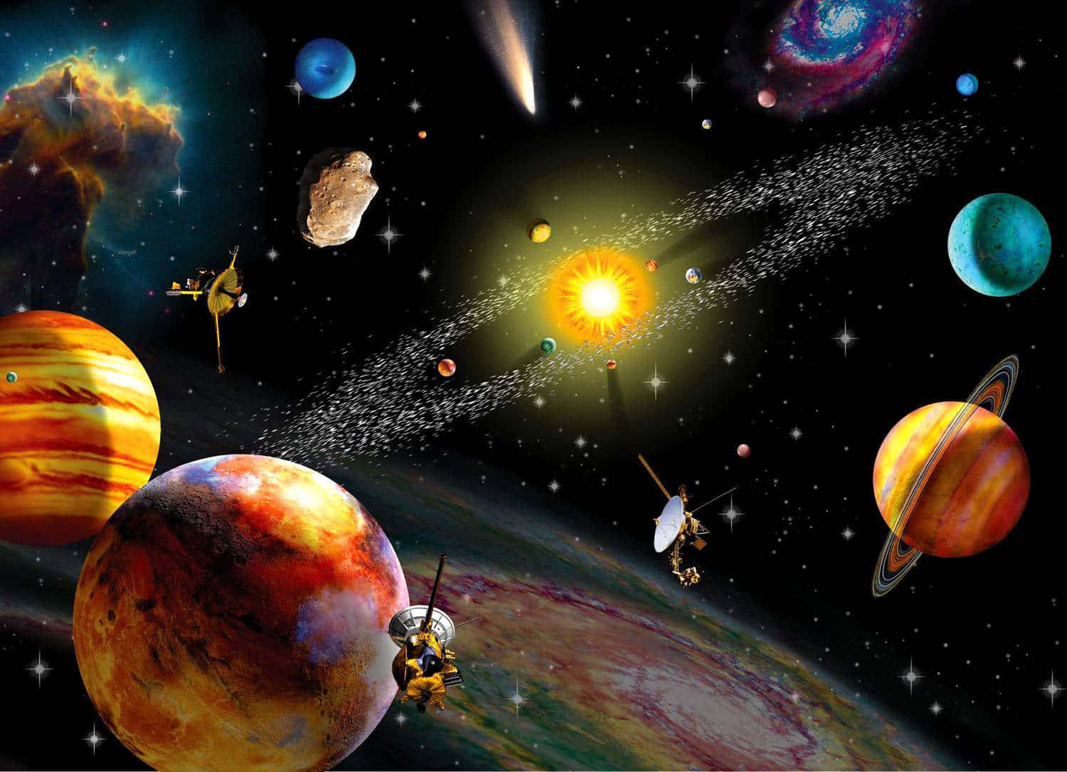 Solar System With Modern Satellites Background