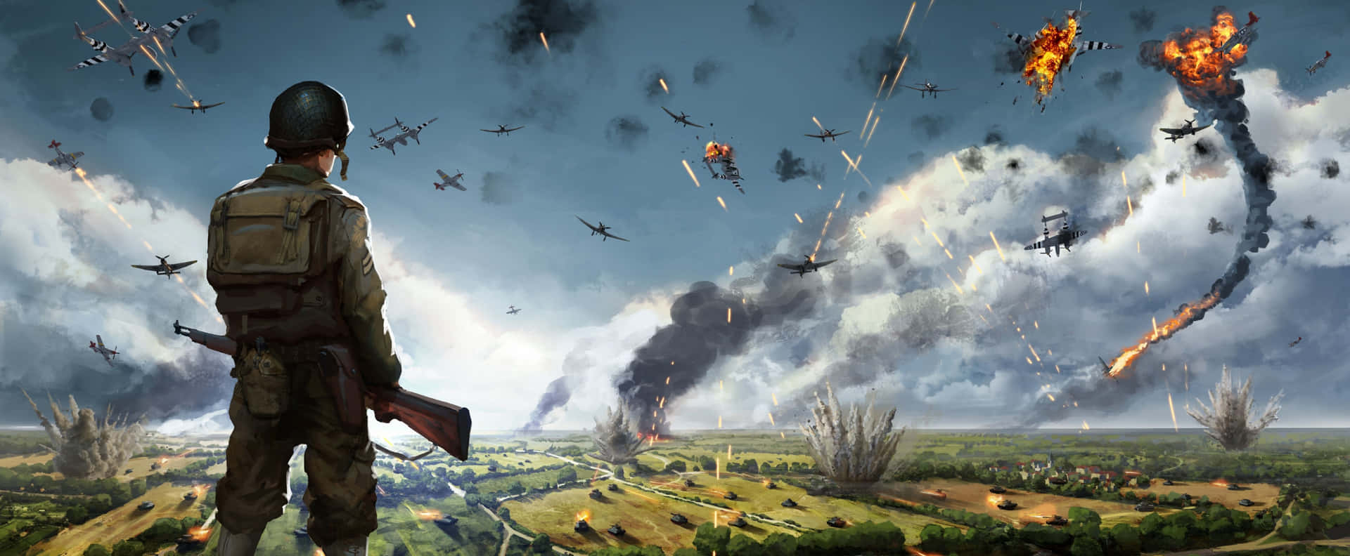 Soldier Looking At War Ultra Wide Gaming Background