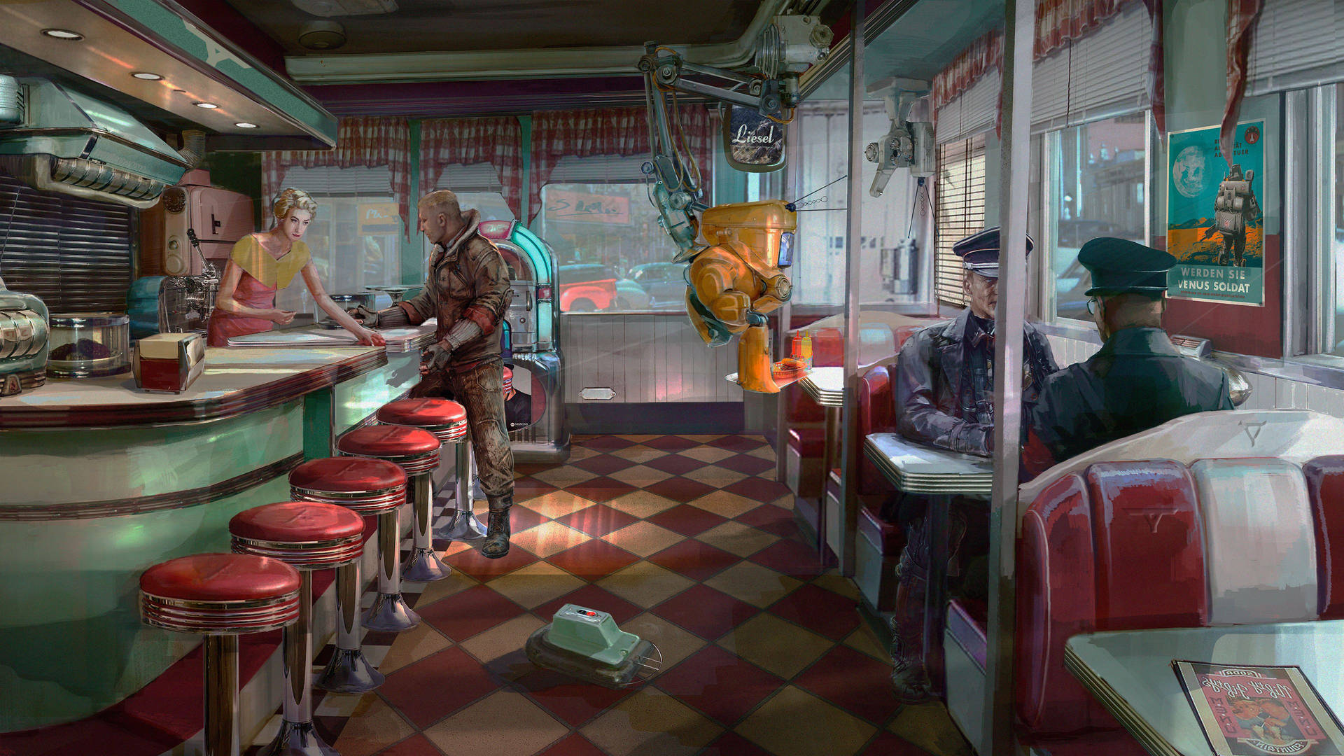 Soldiers At 50s Diner Background