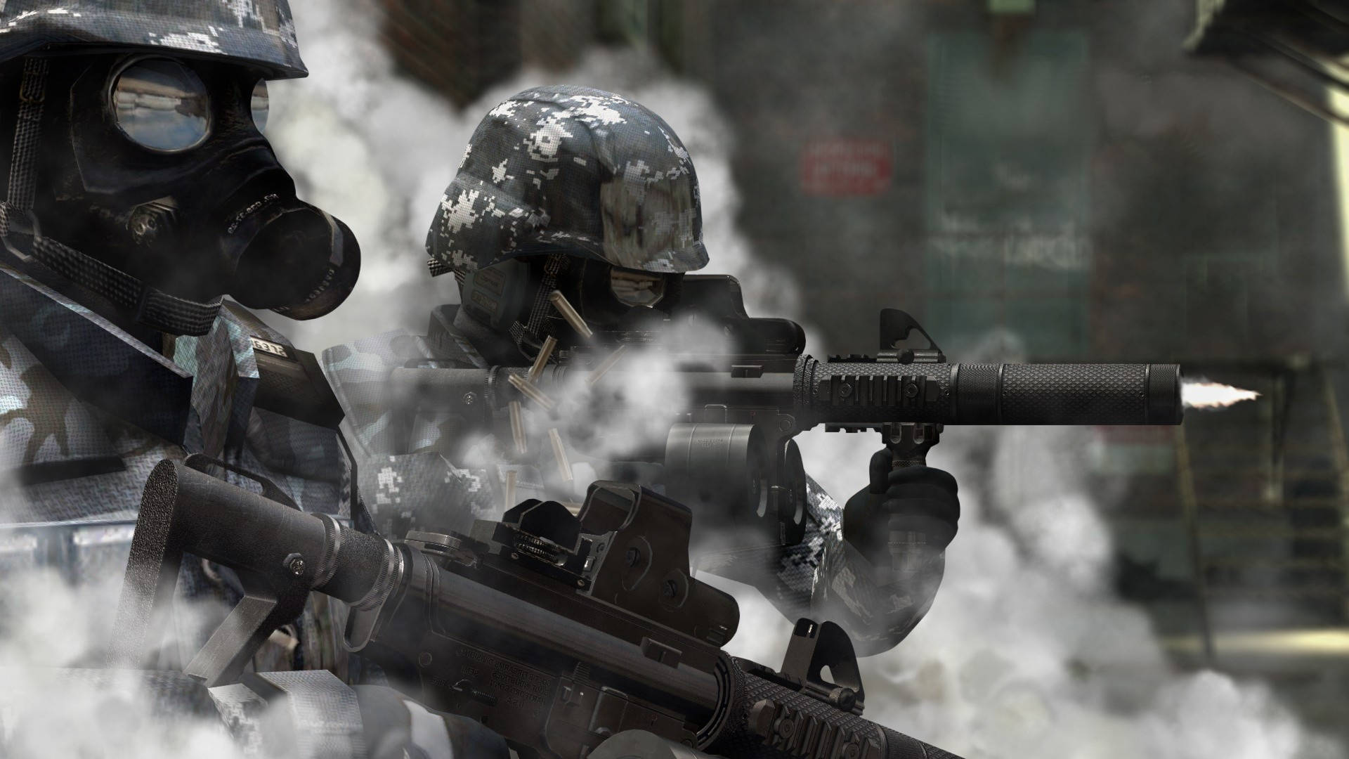 Soldiers In Hazmat Suit Shooting Background