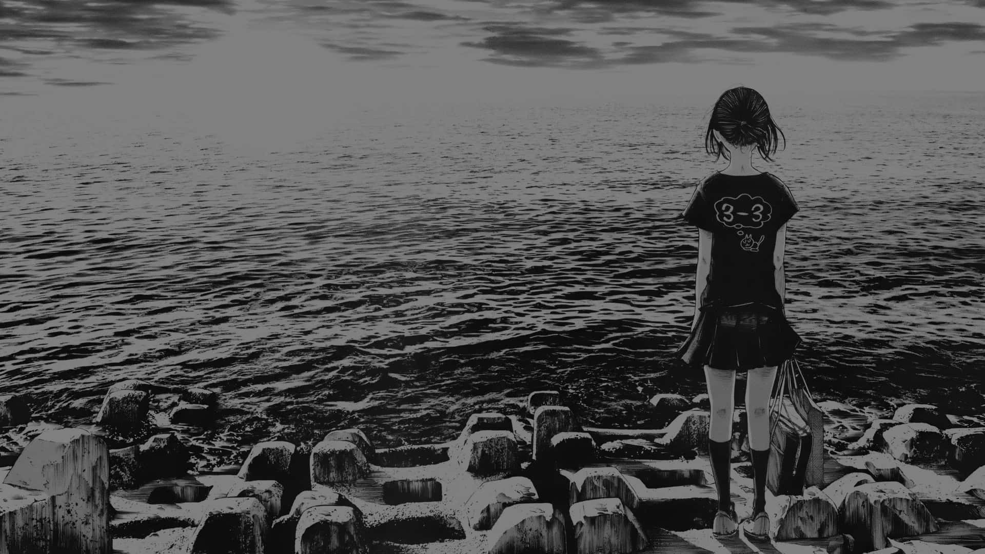 Solitary Anime Girl Seaside Monochrome Background