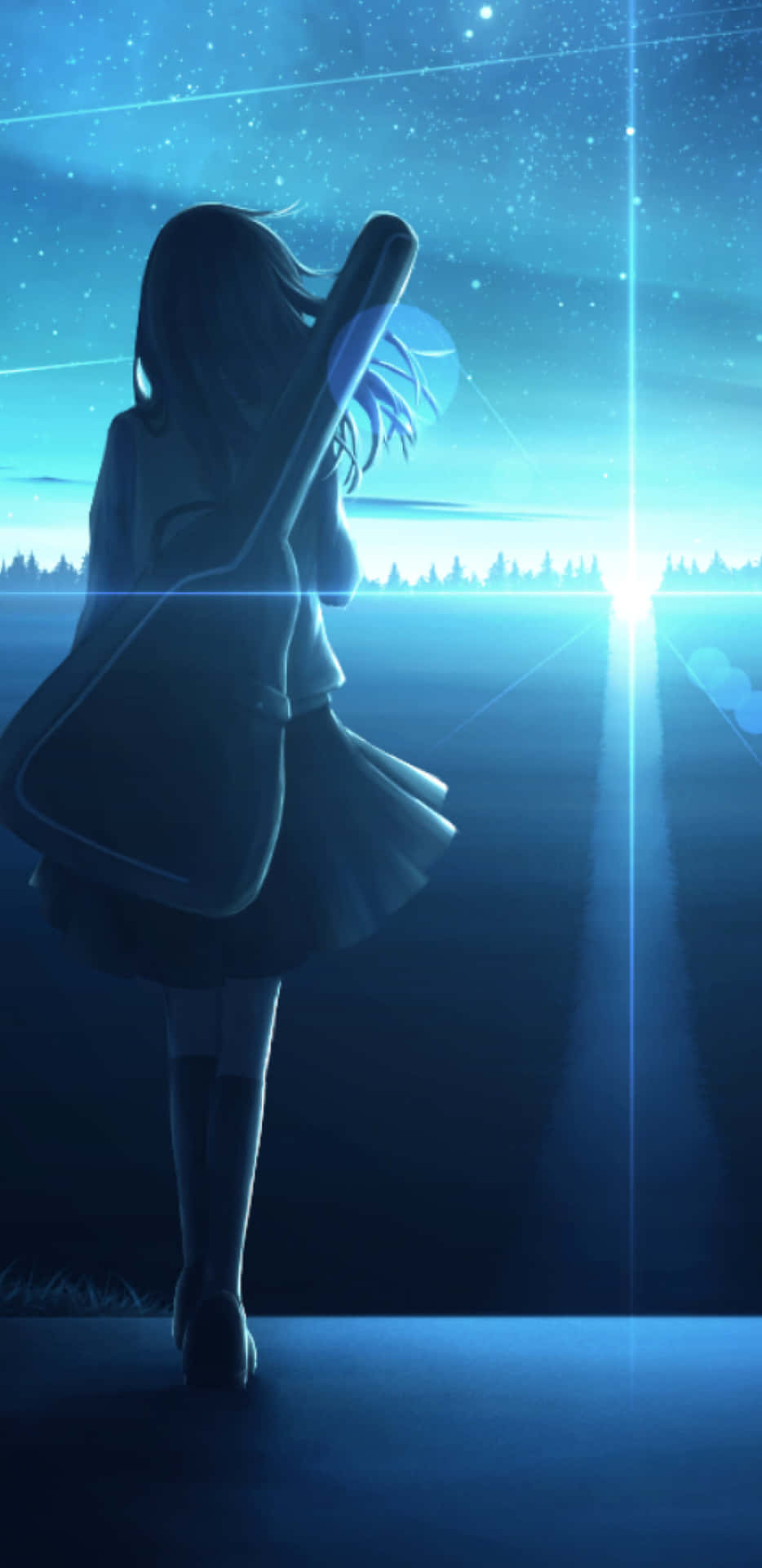 Solitary Anime Girl Stargazing Background