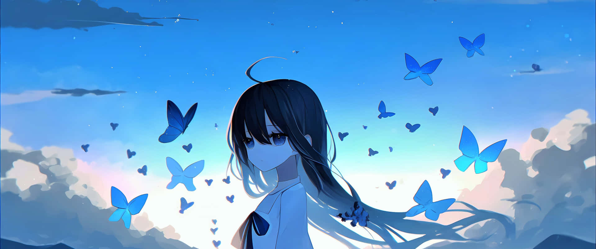 Solitary Anime Girl With Butterflies Background