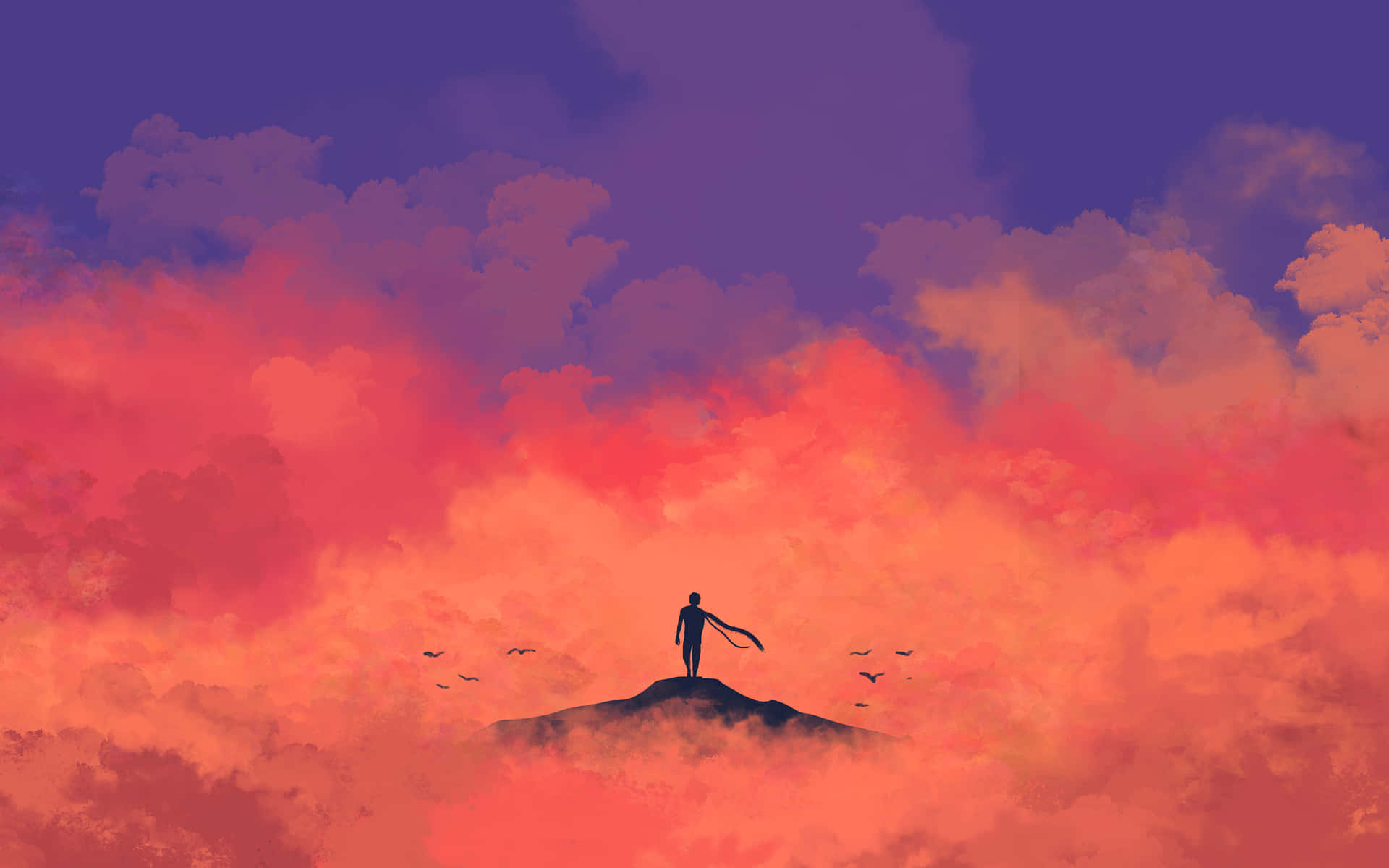 Solitary Figure Against Sunset Sky Background