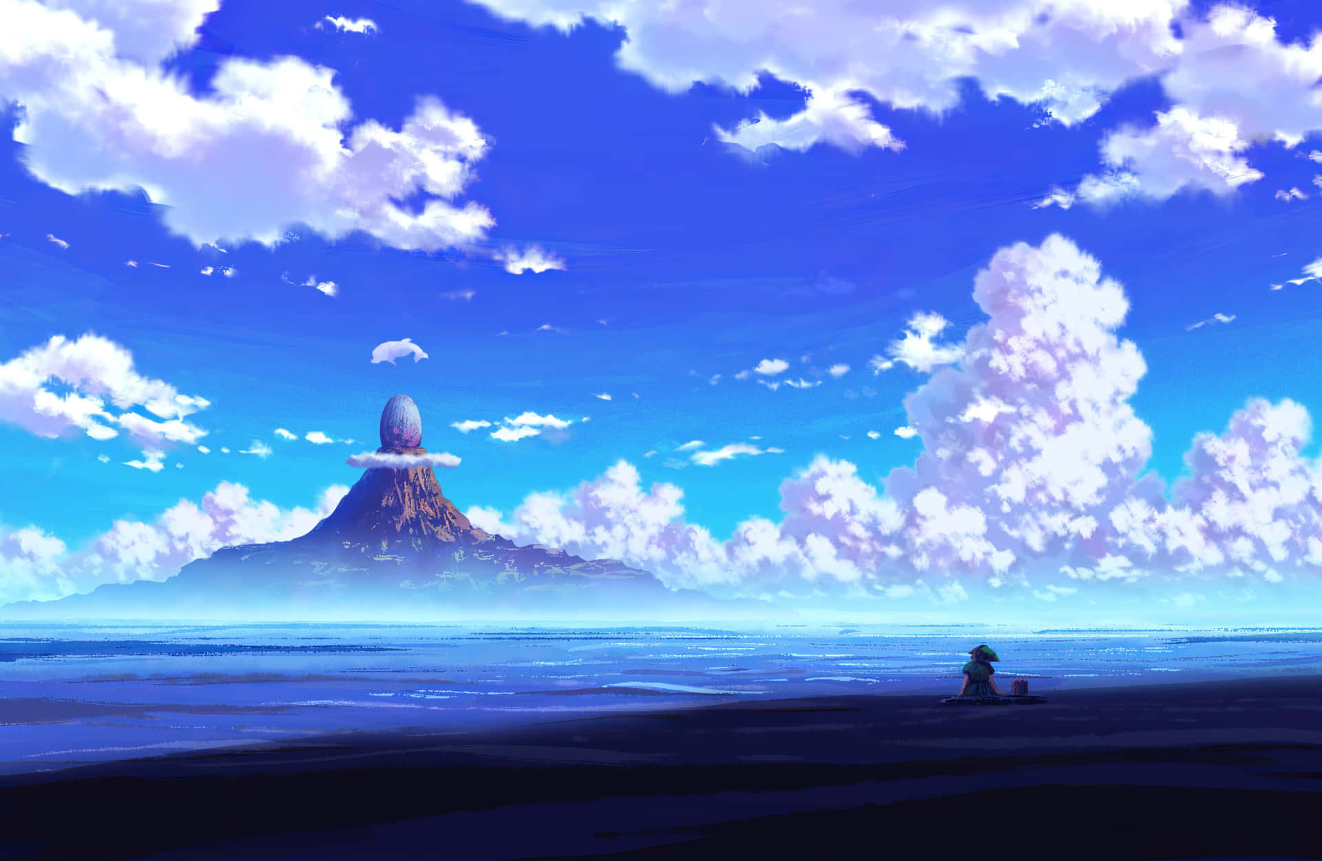 Solitary_ Figure_ Beneath_ Clouds_ Anime_ Style Background