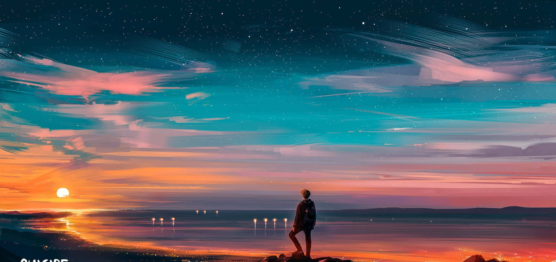 Solitary Man Under Sunset Background