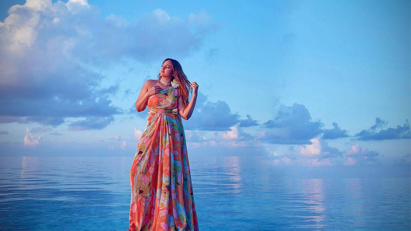 Sonakshi Sinha Long Dress Blue Sky Background