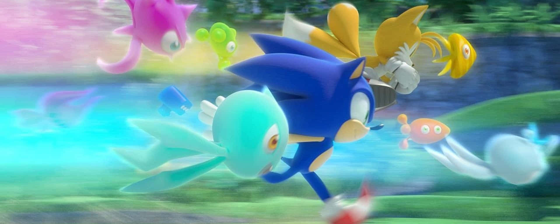 Sonic The Hedgehog And His Friends Are Running In The Grass Background